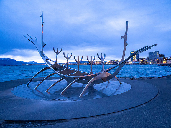 "Sun Voyager" in Reykjavik along the water