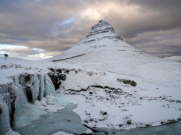 Kirkjufell at sunset on a cold and windy day