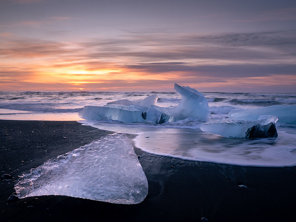 Broken pieces of icebergs on Diamond Beach