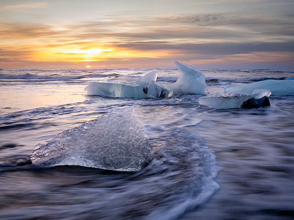 Broken pieces of icebergs on Diamond Beach