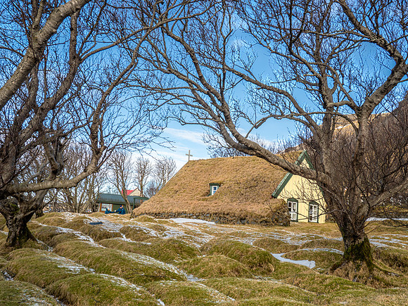Hofskirkja Church, a traditional turf church in South-East Iceland